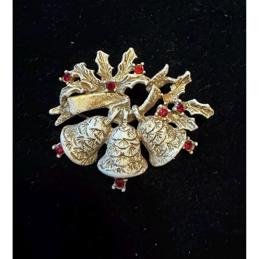 1960's Dodds Christmas Bells Brooch White Gold Red